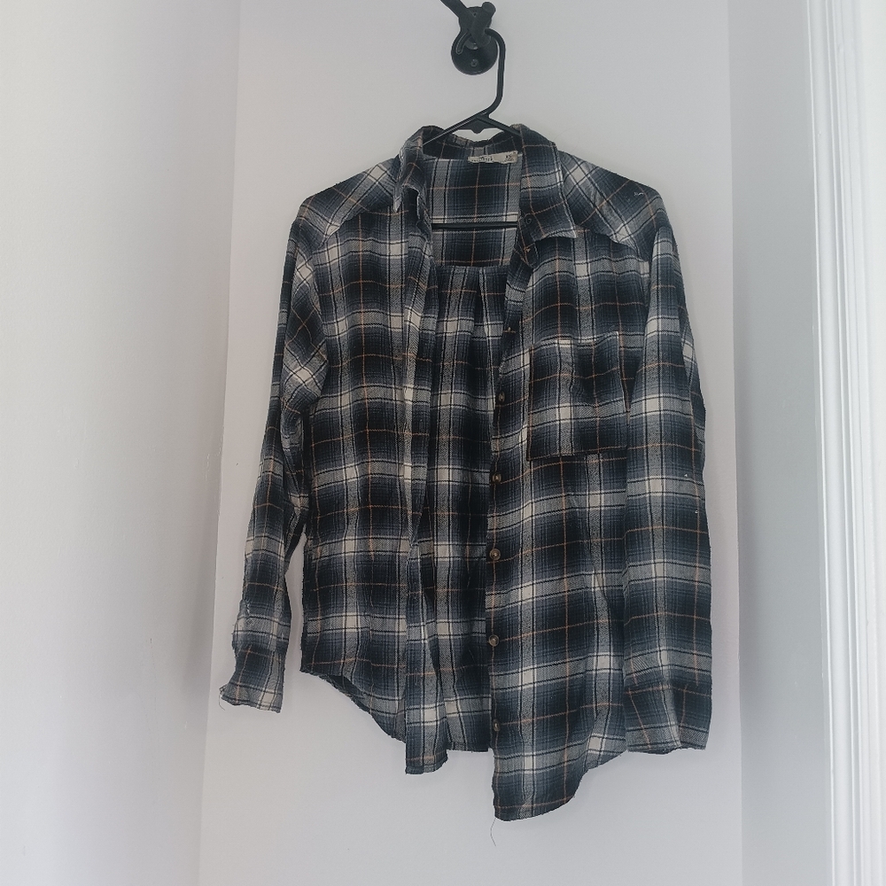 Hollister Navy and Orange Plaid Shirt
